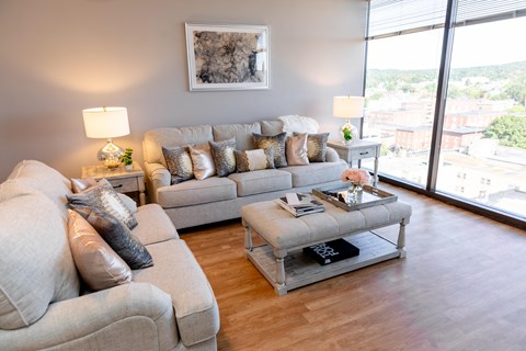 a living room with couches and a coffee table